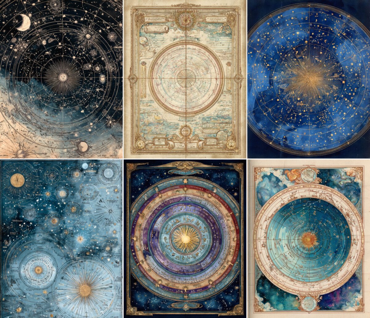 Celestial Zodiac Printable Pages – 40 Vintage Astrology Journal Sheets