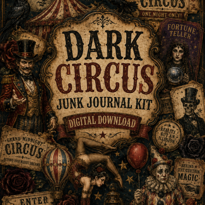 Dark Circus Junk Journal Kit digital download cover with vintage carnival performers and signs
