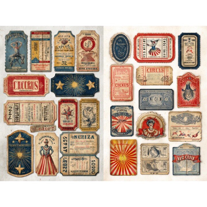 vintage – Vintage circus ticket ephemera printable carnival admission stubs retro clown labels distressed scrapbook paper for junk, Digital Download