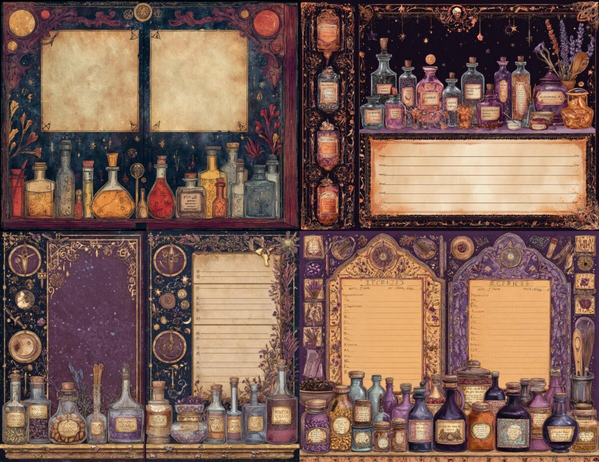 Apothecary digital paper with decorative bottles and framed writing spaces
