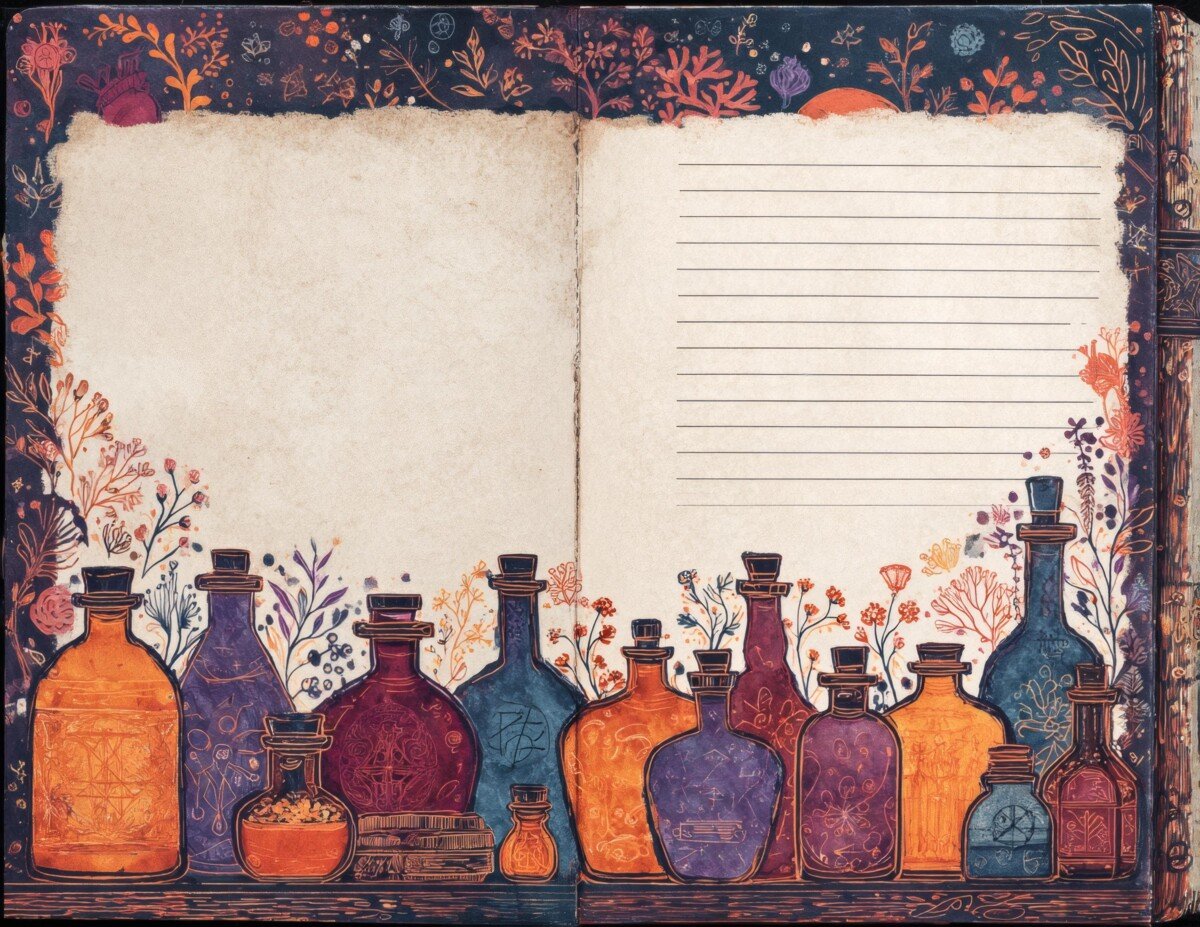 Apothecary digital paper with decorative bottles and framed writing spaces