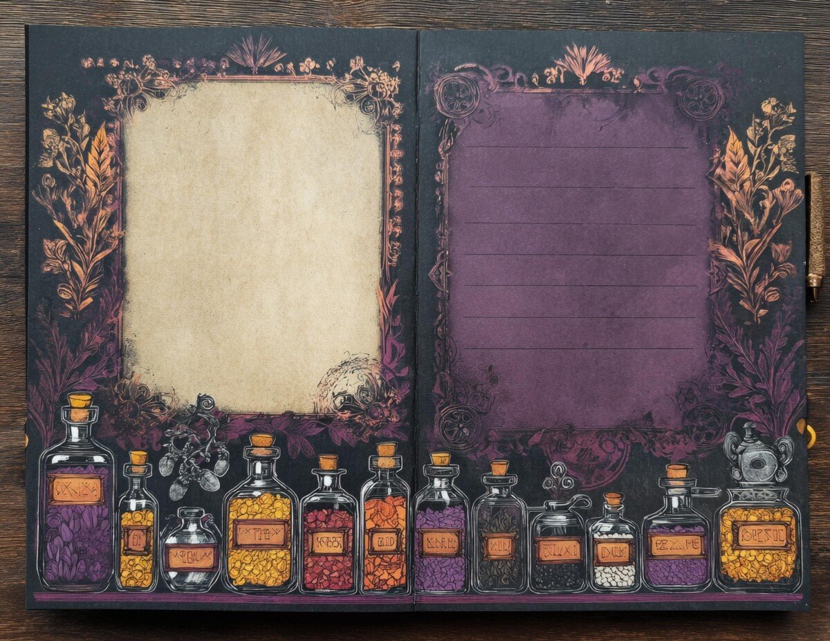 Apothecary digital paper with decorative bottles and framed writing spaces