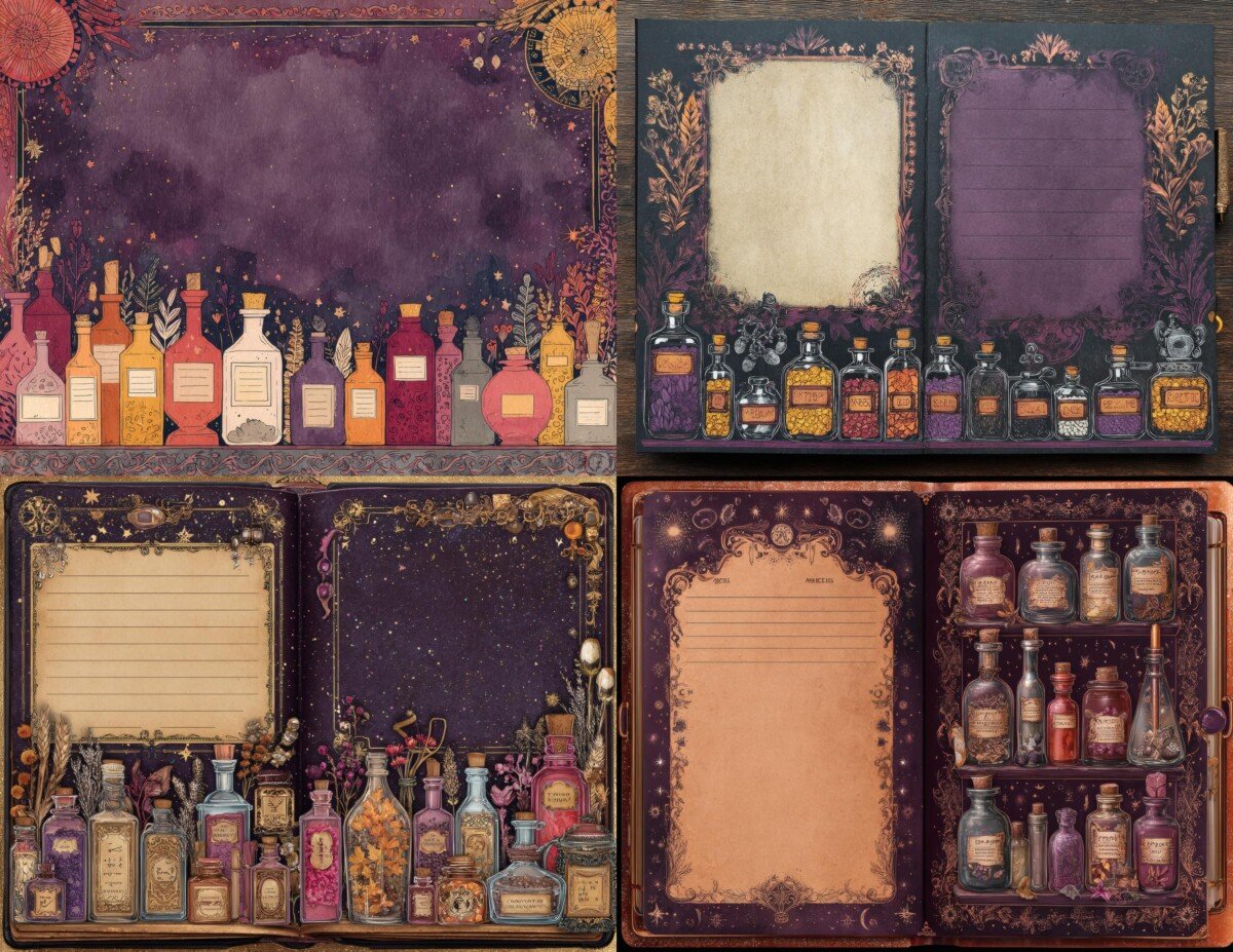 Apothecary digital paper with decorative bottles and framed writing spaces