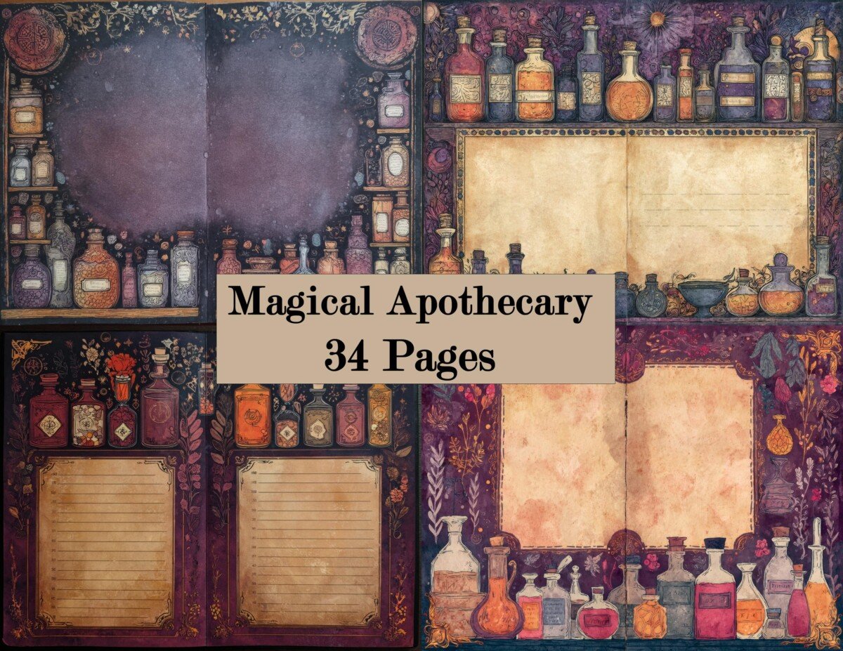 Magical apothecary junk journal sheets with potion bottles and writing panels