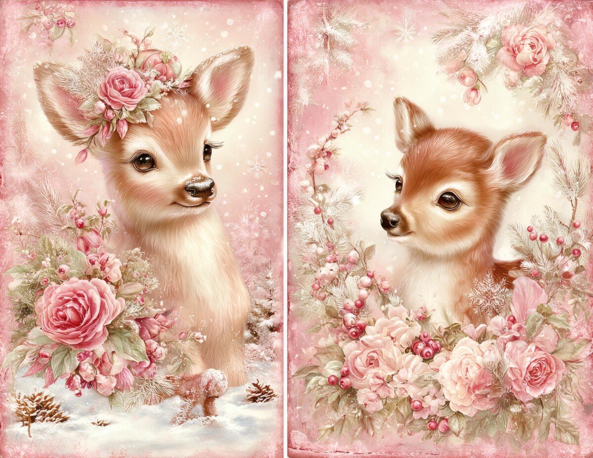 Paired Christmas fawn portraits with pink floral backgrounds