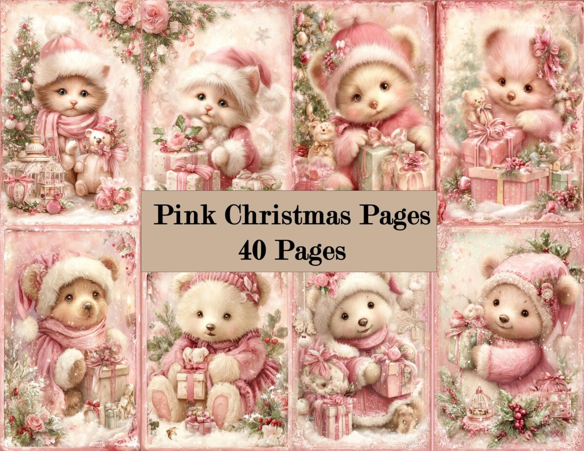 junk – 40 Pink Christmas for Kids Junk Journal Pages