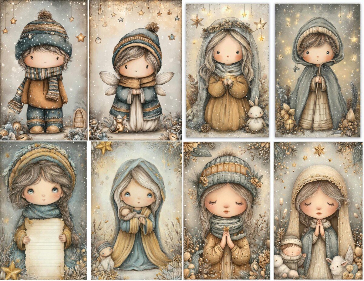 Children in knitted hats and scarves beside star decorations