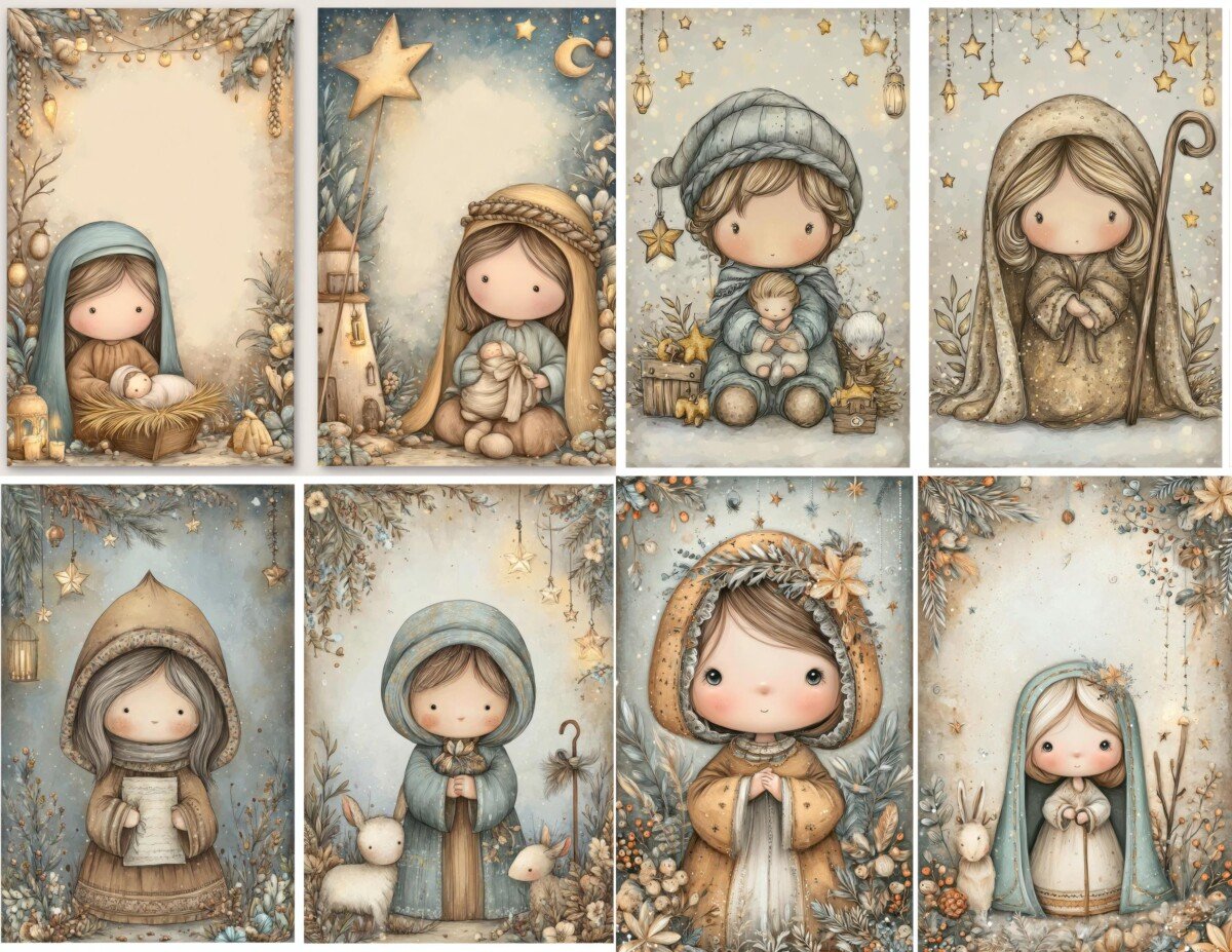 Illustrated children beneath stars on muted winter backgrounds