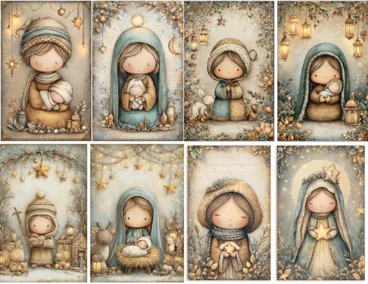 Storybook-style child portraits in cream and blue-gray winter clothing
