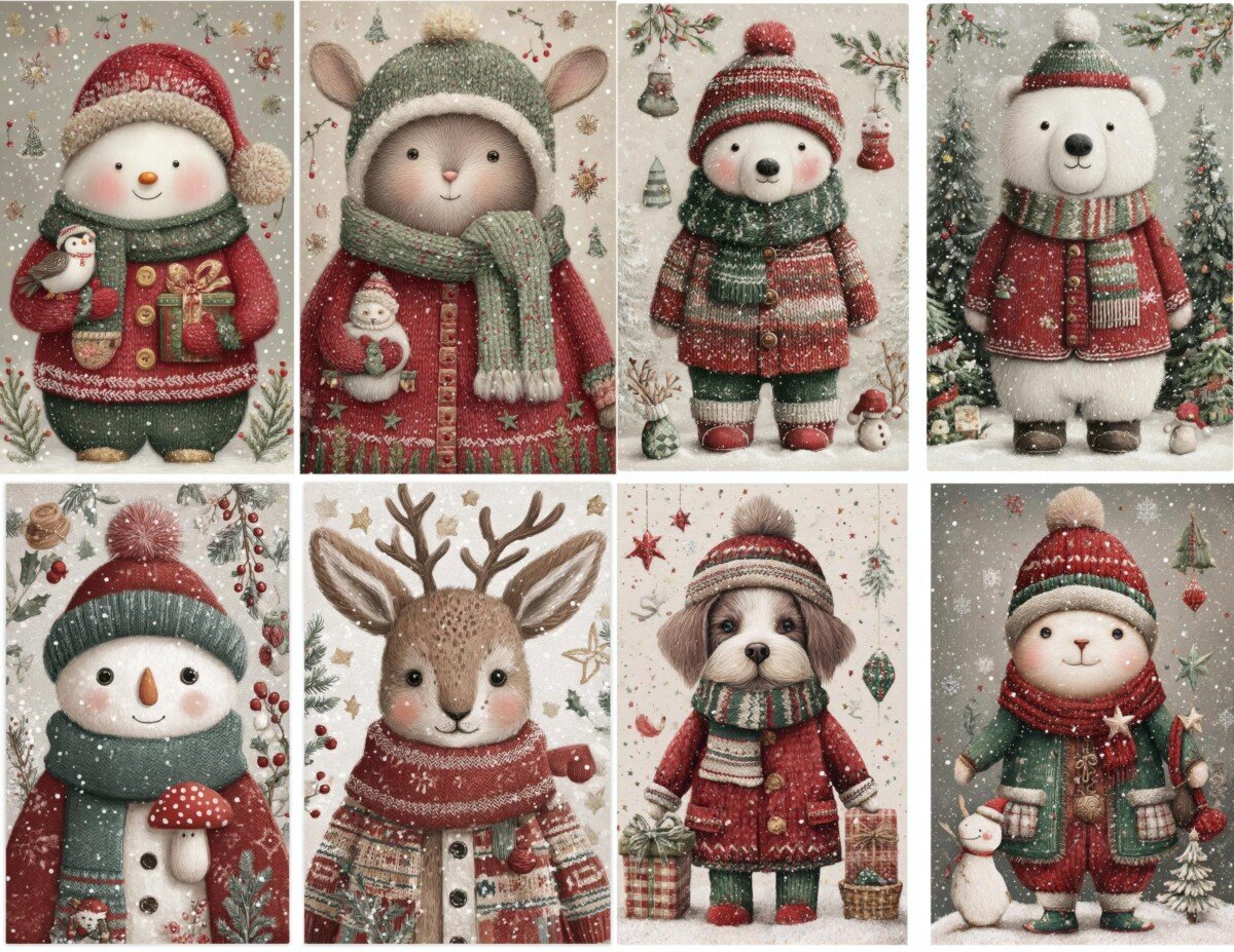 Red and green Christmas journal artwork preview with cozy winter characters