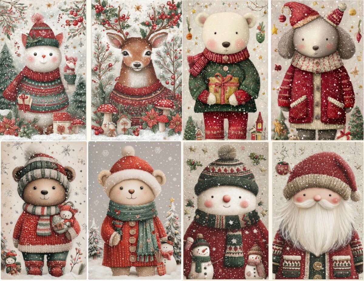 Red and green Christmas journal artwork preview with cozy winter characters