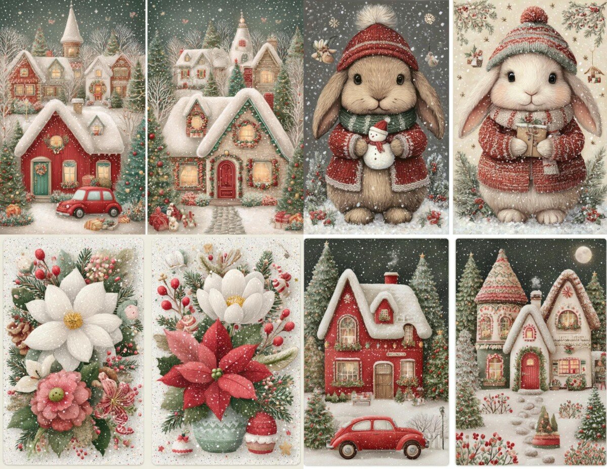 Red and green Christmas journal artwork preview with cozy winter characters