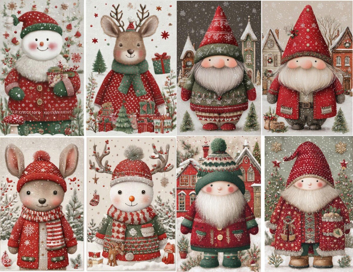 Red and green Christmas journal artwork preview with cozy winter characters
