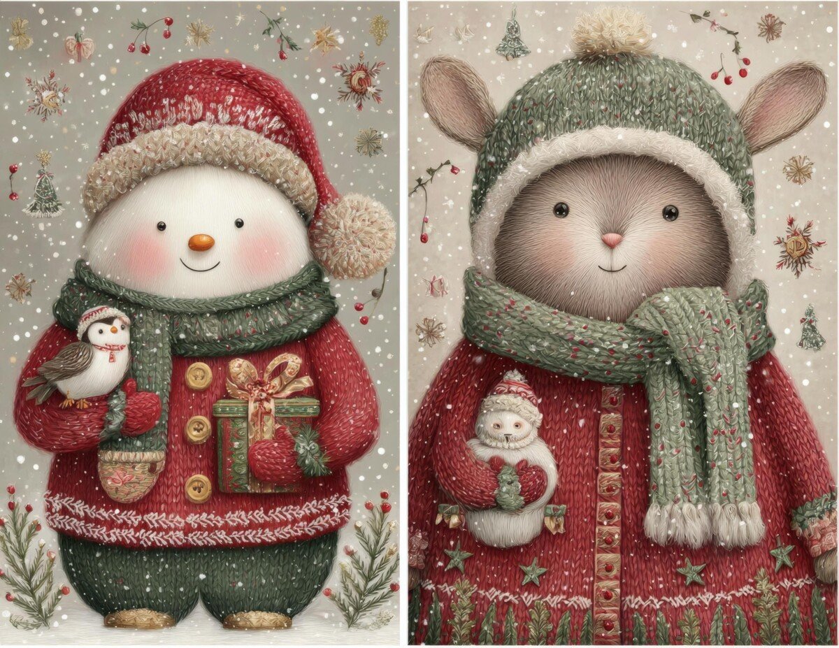 Red and green Christmas journal artwork preview with cozy winter characters