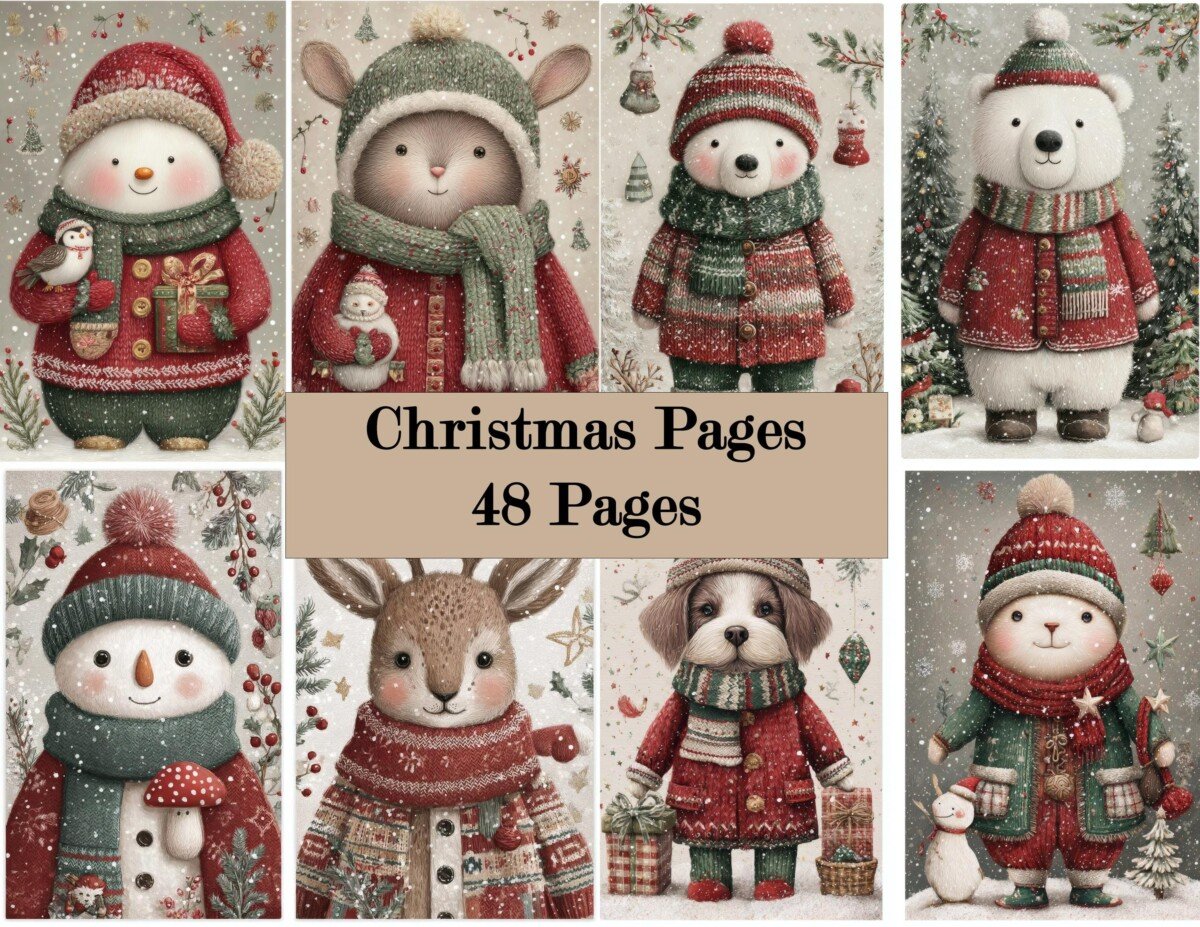 Christmas artwork preview with animals and snowmen in red and green winter clothing
