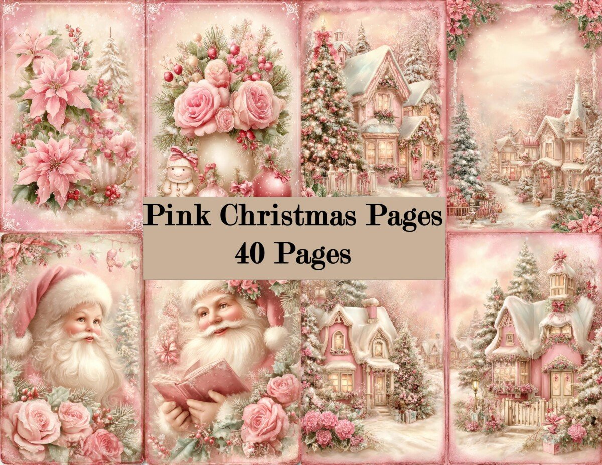 Pink Christmas junk journal pages with roses, winter characters and festive scenes