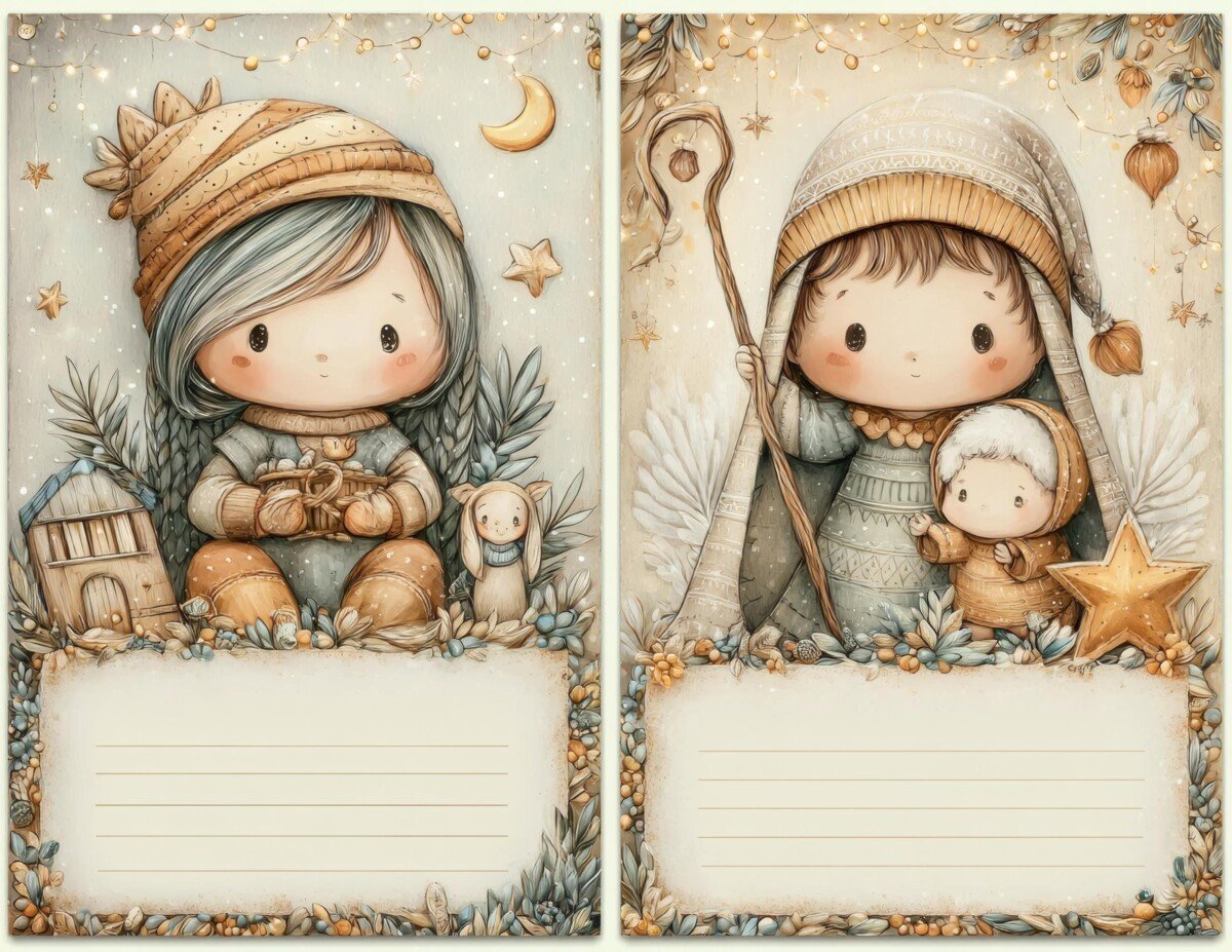 Illustrated children in Nativity-style clothing holding small figures