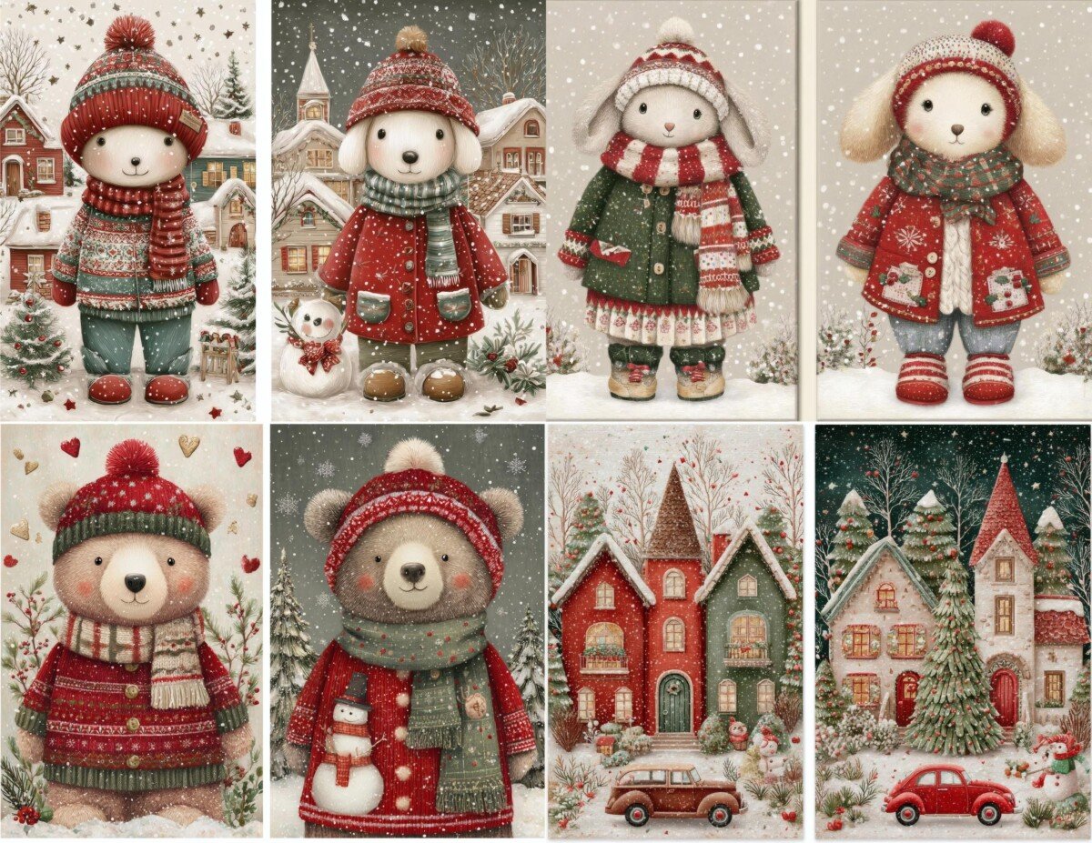 Red and green Christmas journal artwork preview with cozy winter characters