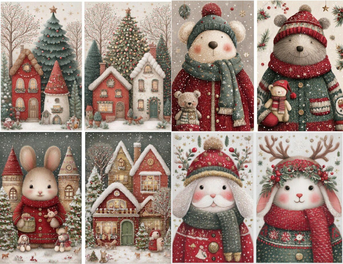 Red and green Christmas journal artwork preview with cozy winter characters