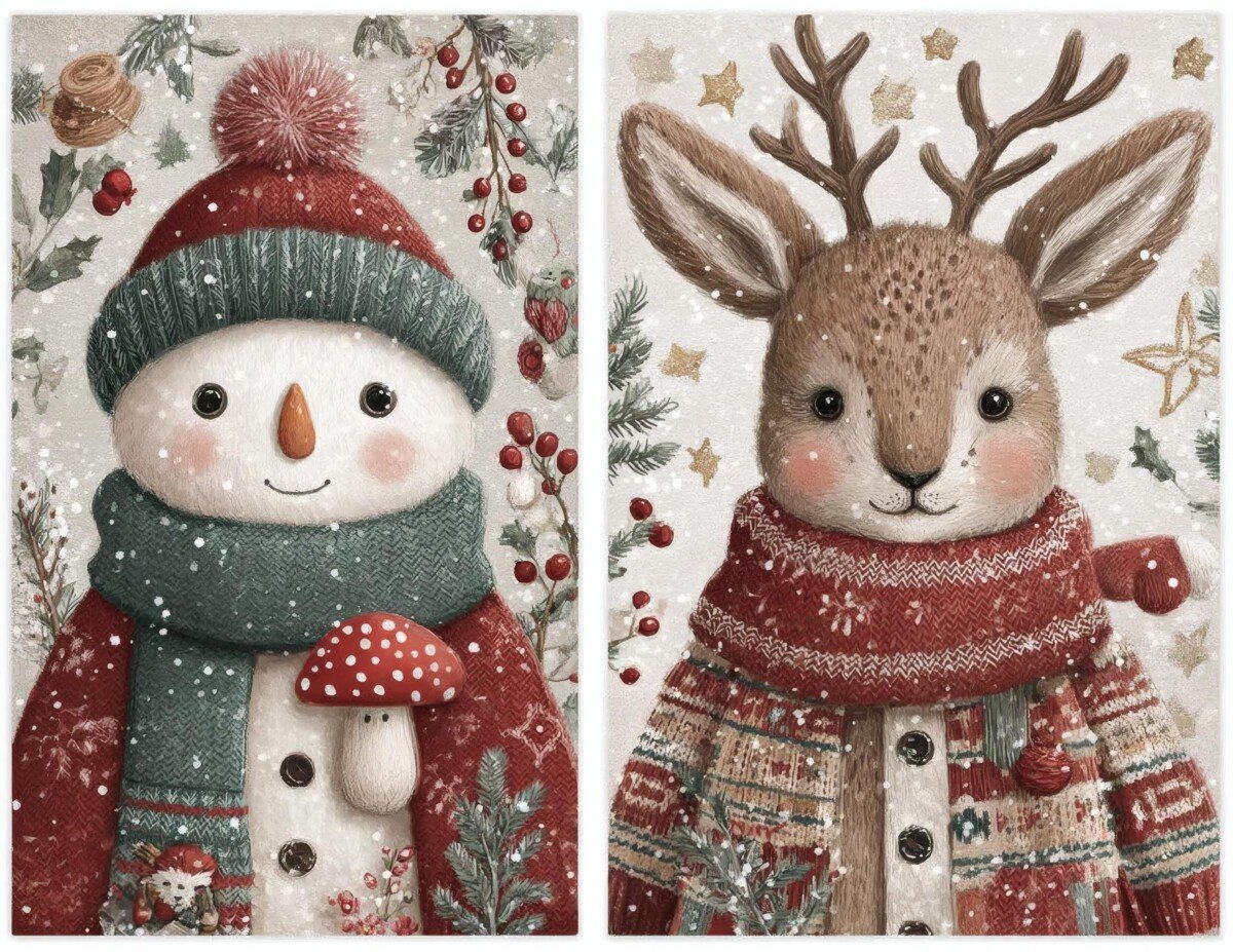 Red and green Christmas journal artwork preview with cozy winter characters