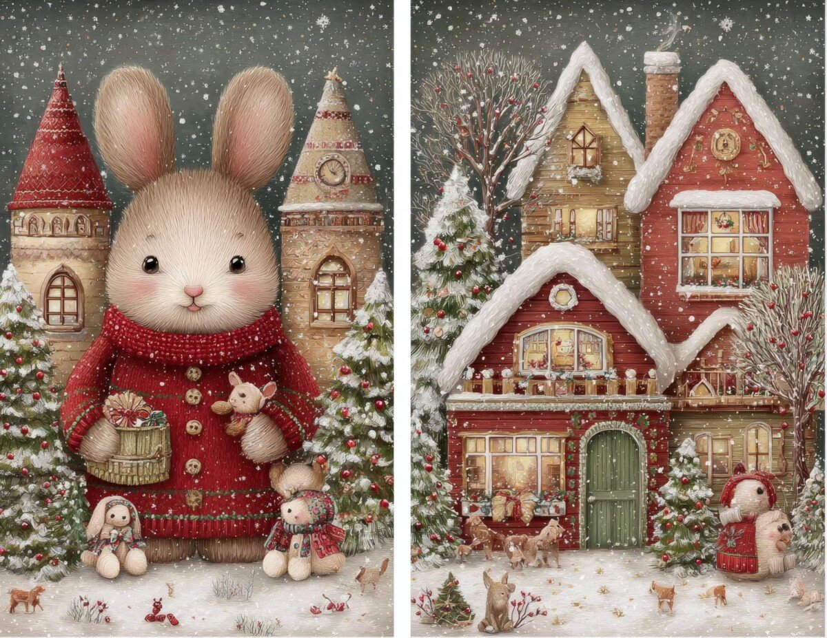 Red and green Christmas journal artwork preview with cozy winter characters