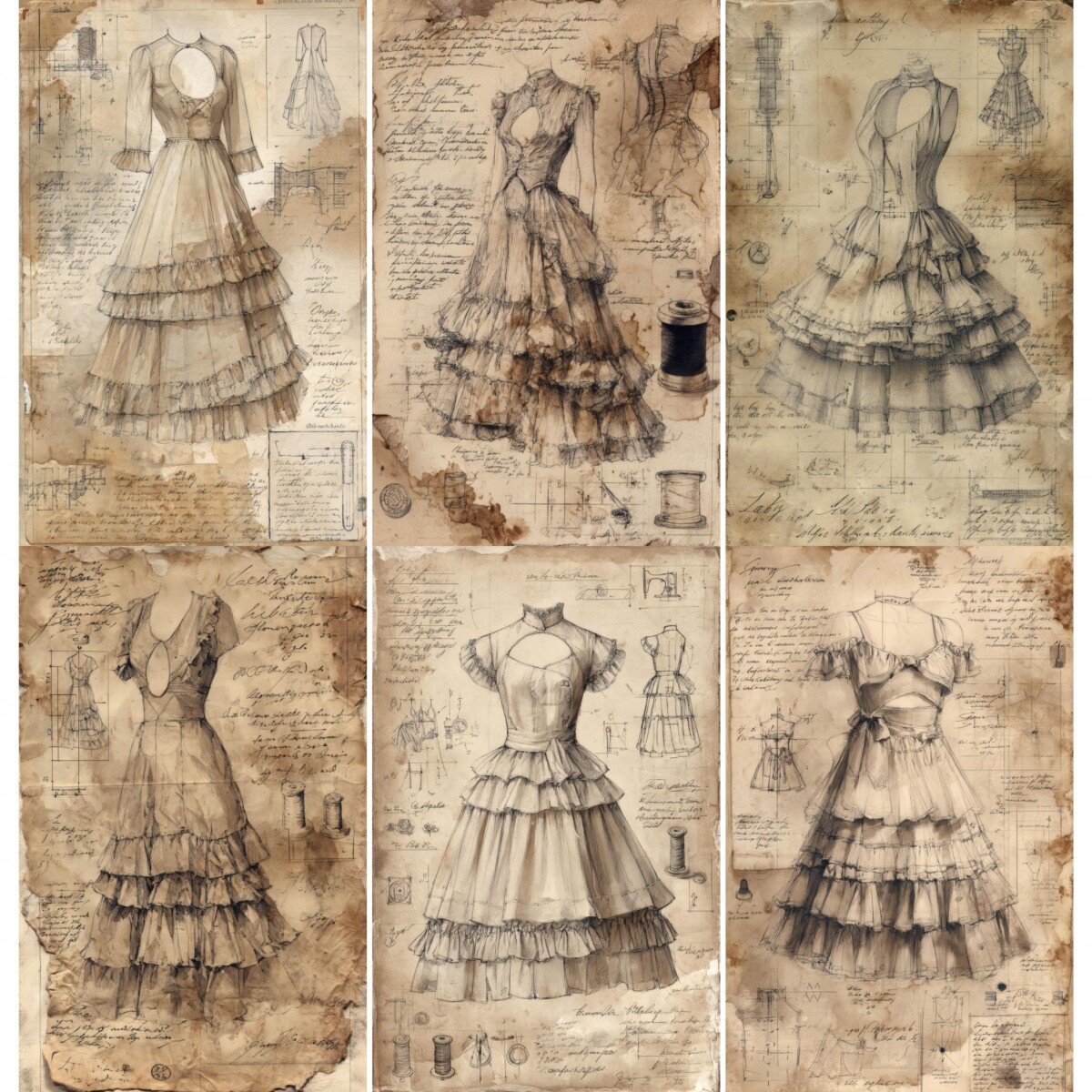 Vintage sewing junk journal pages with ruffled dress sketches and faded notes