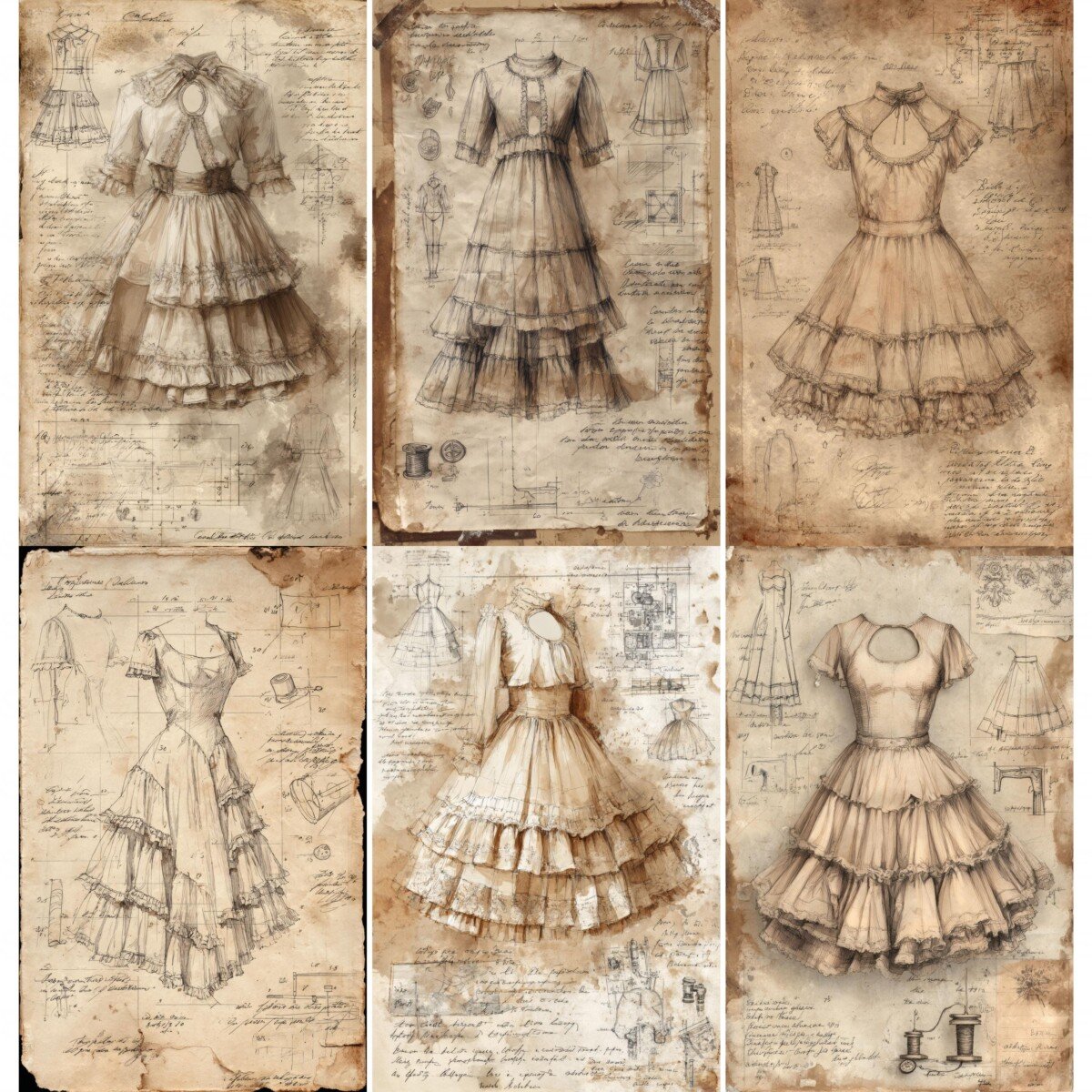 Vintage sewing junk journal pages with ruffled dress sketches and faded notes