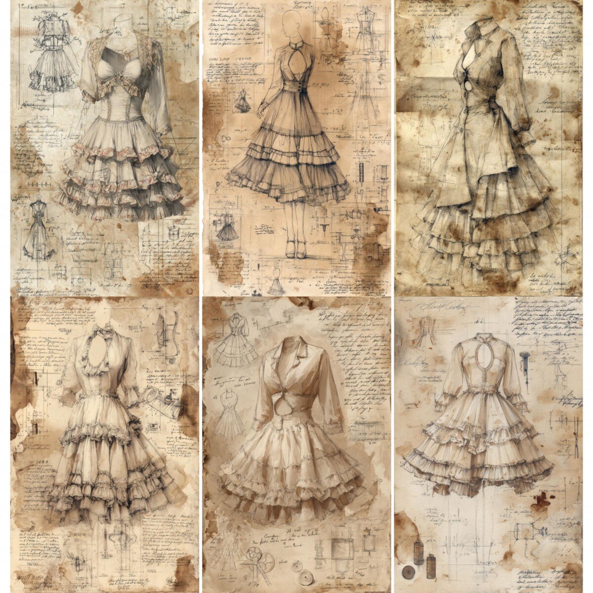 Vintage sewing junk journal pages with ruffled dress sketches and faded notes