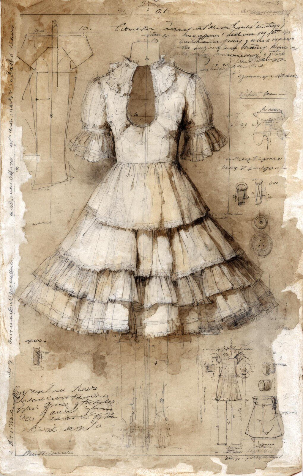 Vintage dress sketch on aged sewing journal paper