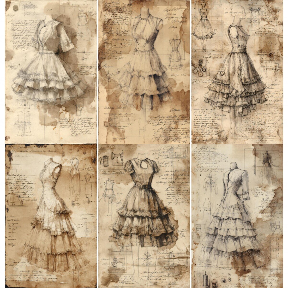 Vintage sewing junk journal pages with ruffled dress sketches and faded notes