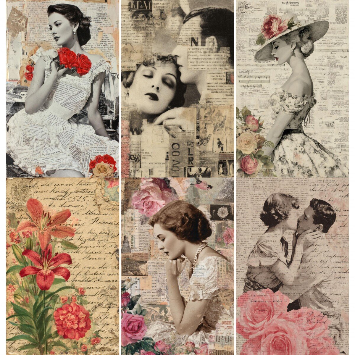 Vintage women and couples with floral paper collage textures
