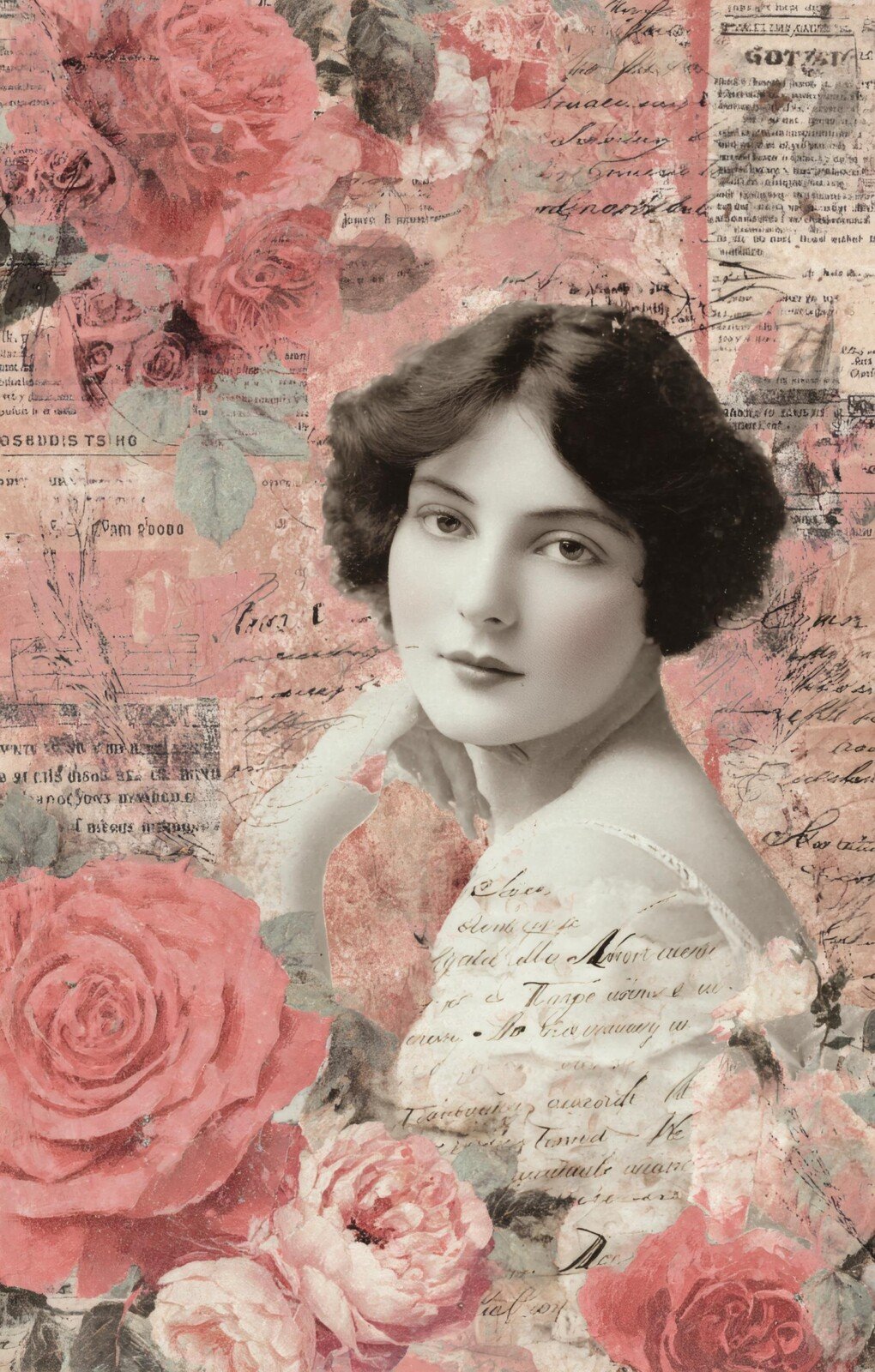 Vintage woman portrait with pink roses and handwritten script