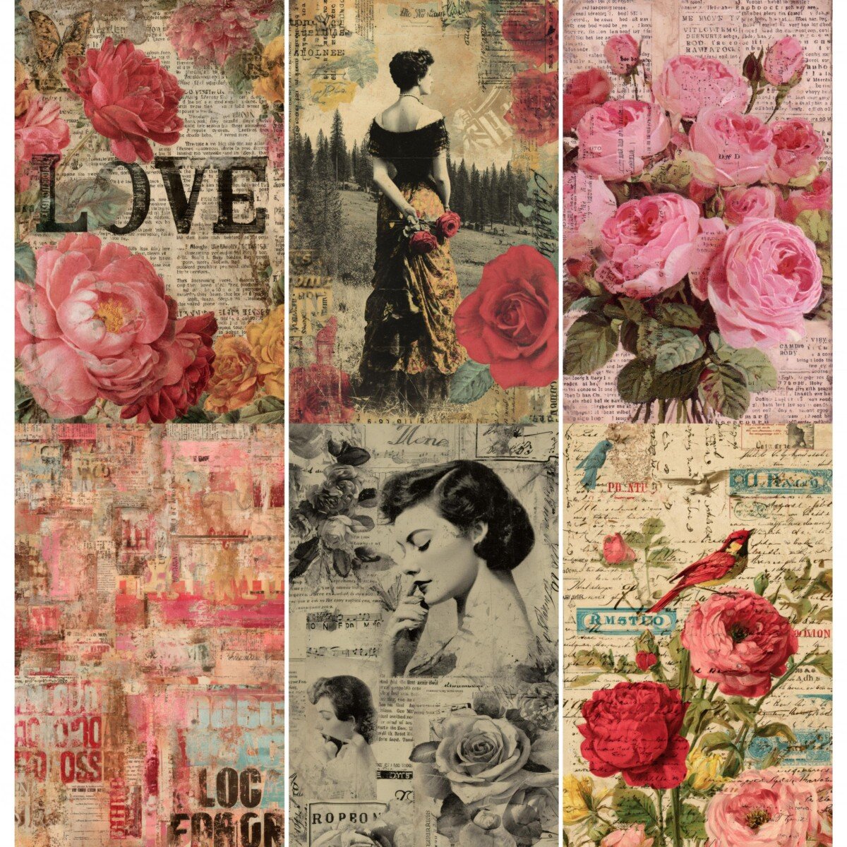 Rose and love themed vintage collage journal backgrounds