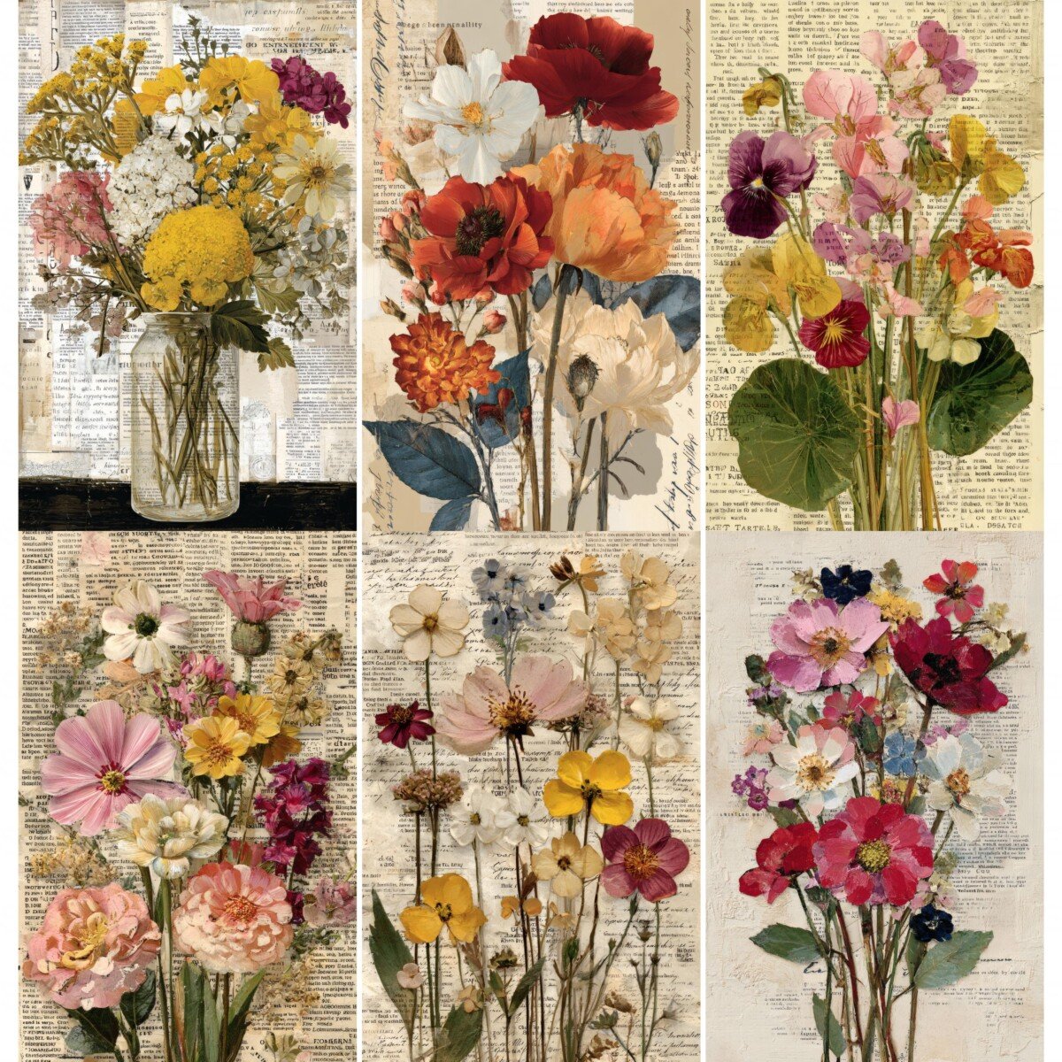 Pressed flower junk journal page preview with floral collage and aged text backgrounds
