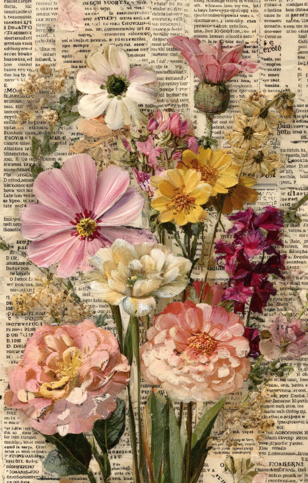 Pressed flower junk journal page preview with floral collage and aged text backgrounds