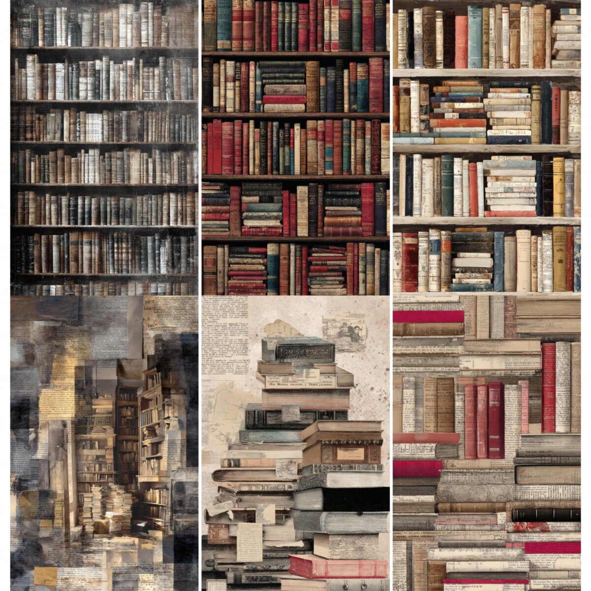 Rows of aged books on library shelves with layered vintage print