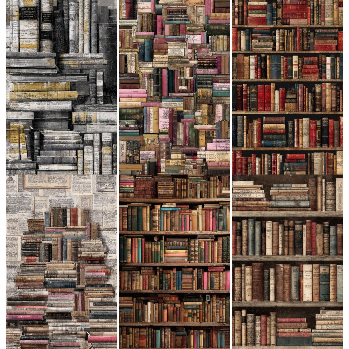 Rows of aged books on library shelves with layered vintage print