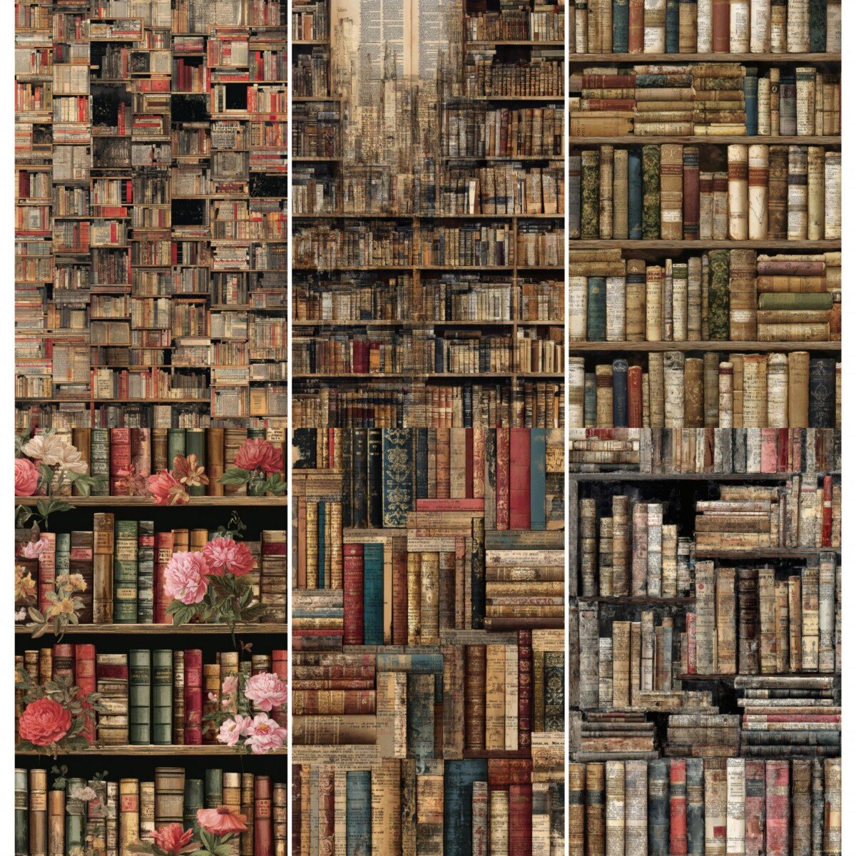 Rows of aged books on library shelves with layered vintage print