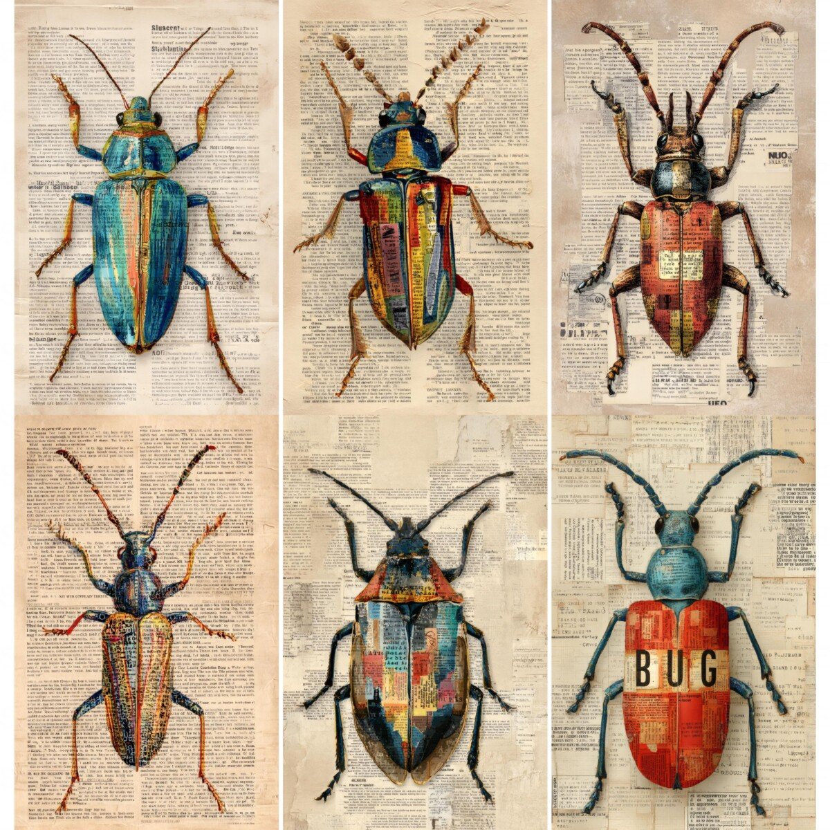 Collage of vintage beetles over antique text for an insect junk journal page