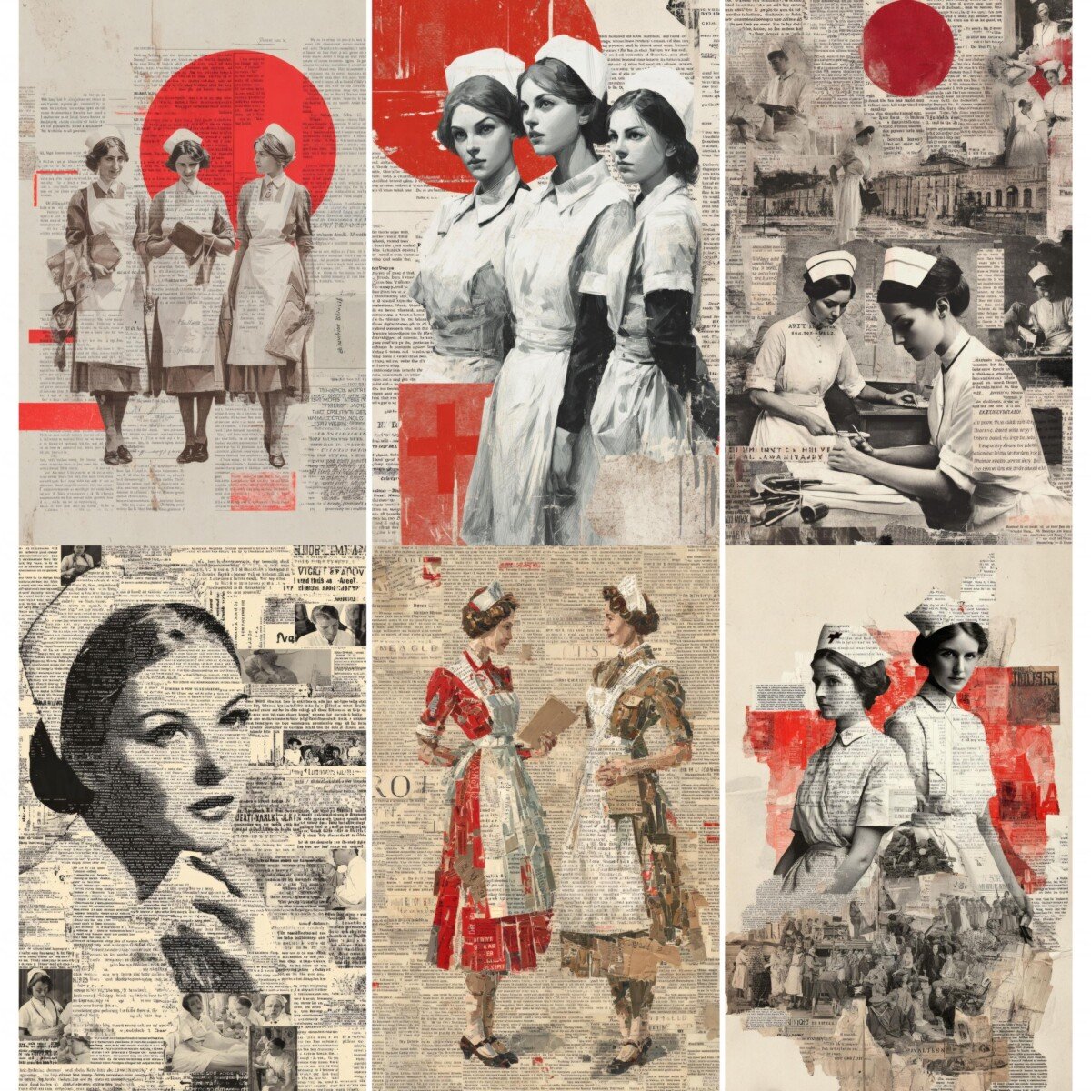 Vintage nurse junk journal pages with uniformed figures and text collage