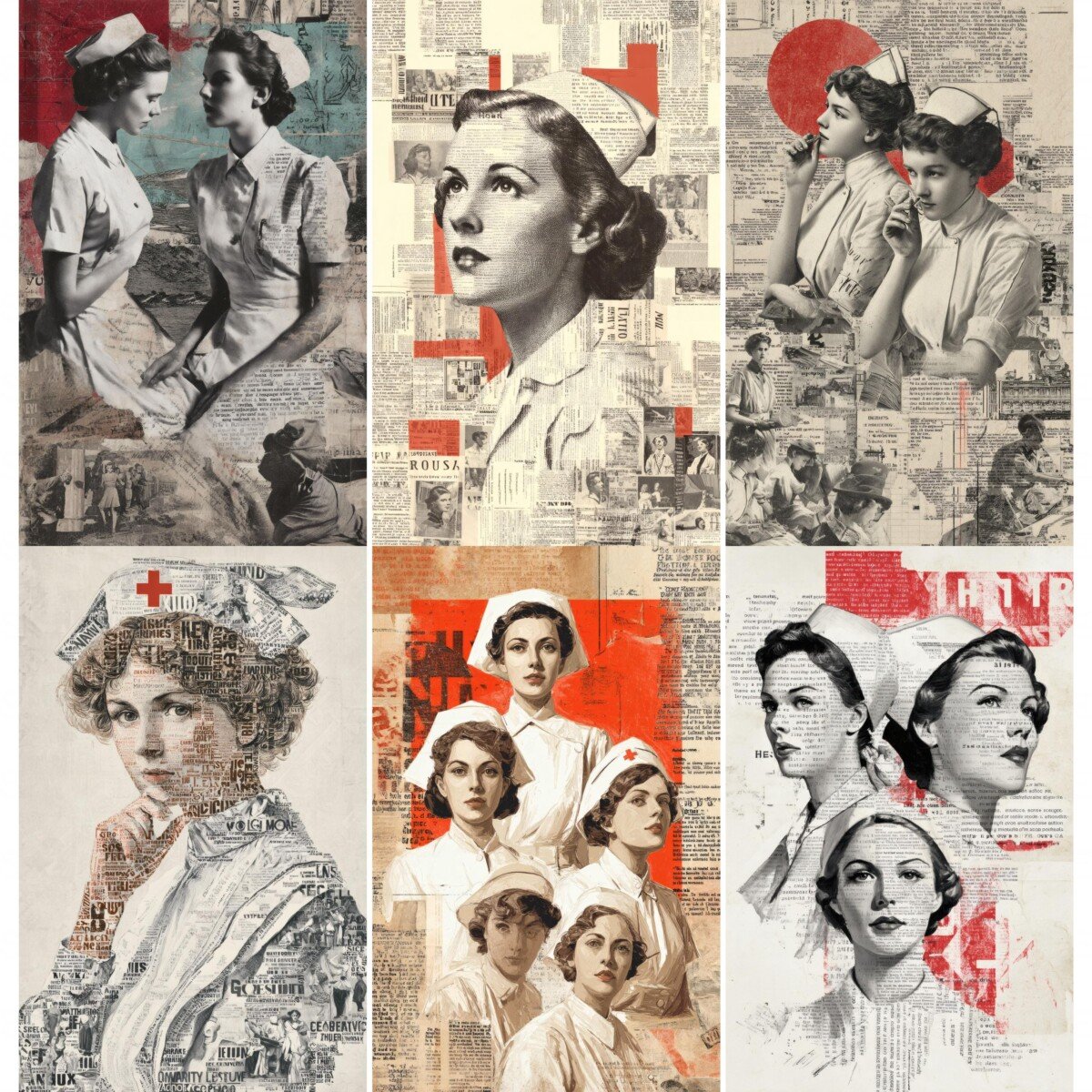Vintage nurse junk journal pages with uniformed figures and text collage
