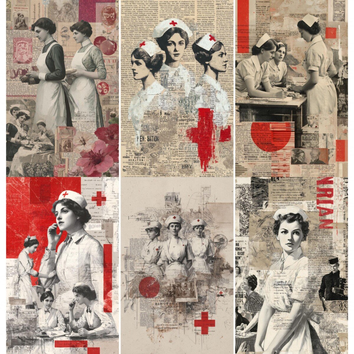Vintage nurse junk journal pages with uniformed figures and text collage