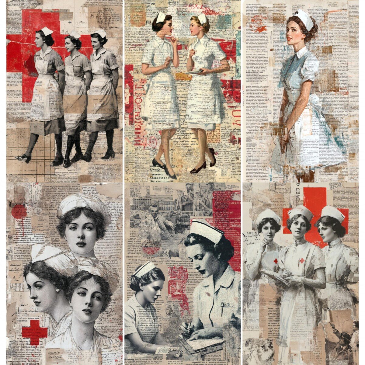 Vintage nurse junk journal pages with uniformed figures and text collage