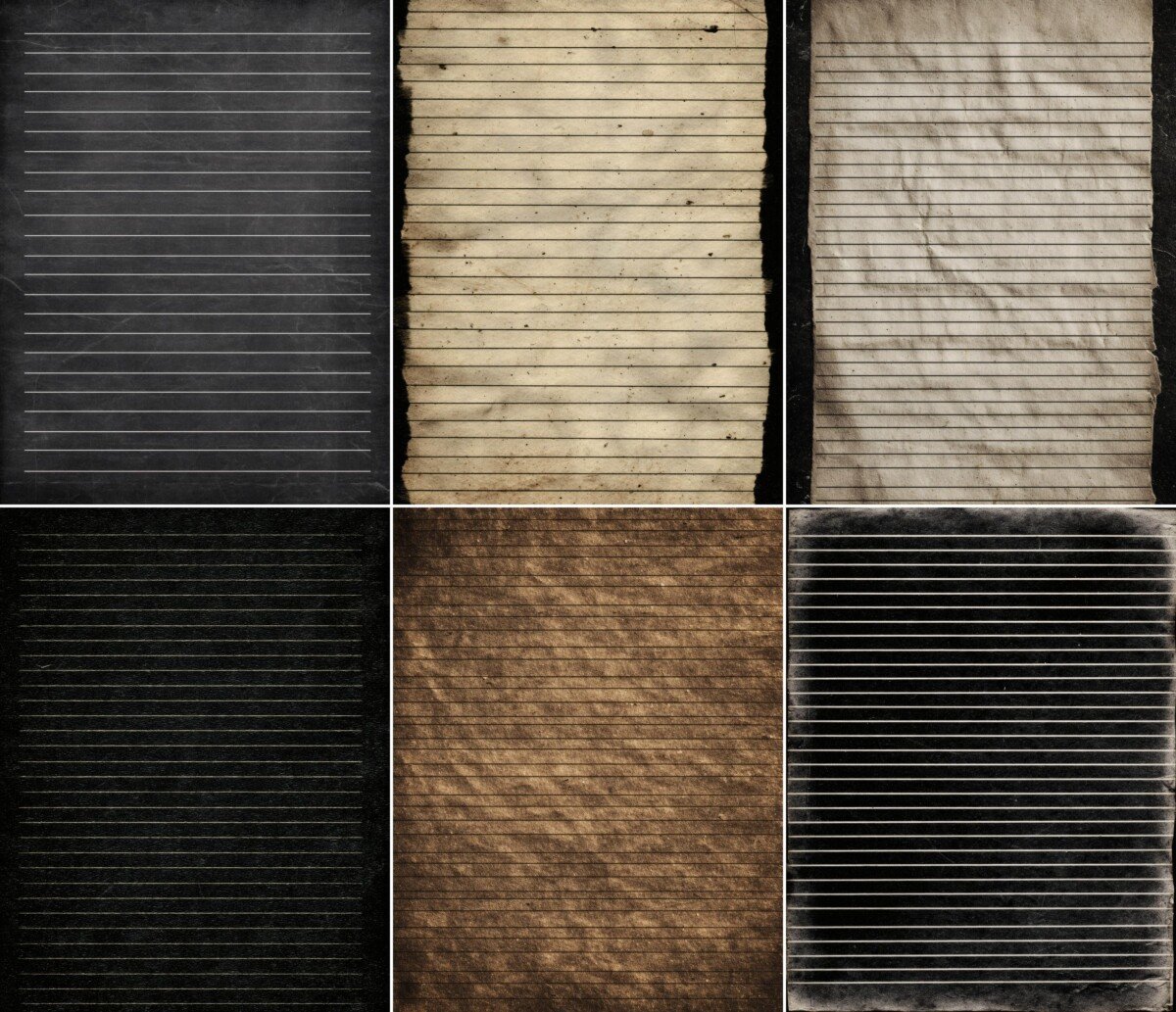 Black and cream ruled journal papers with distressed edges