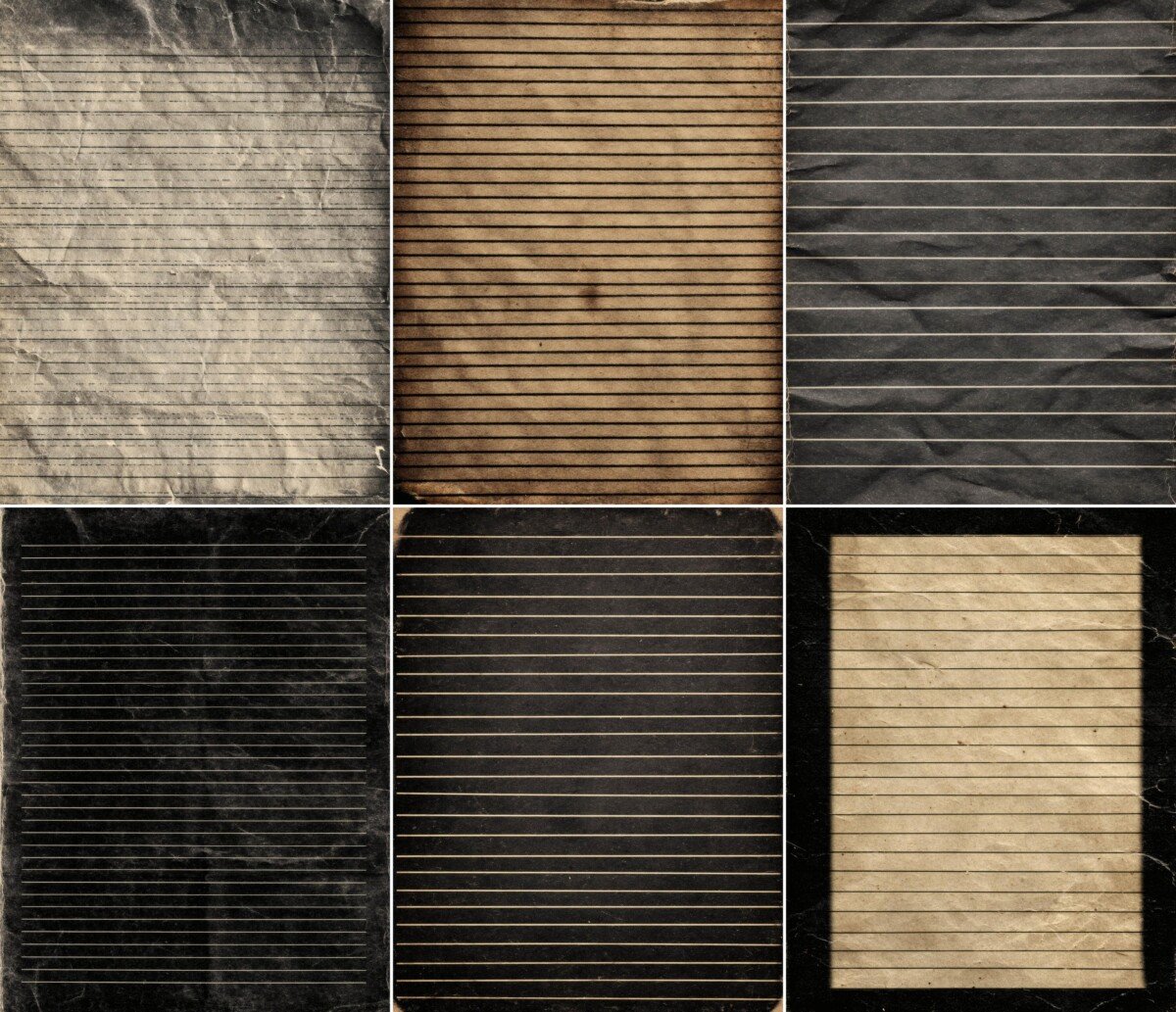 Mixed black, cream and brown lined papers with antique wear