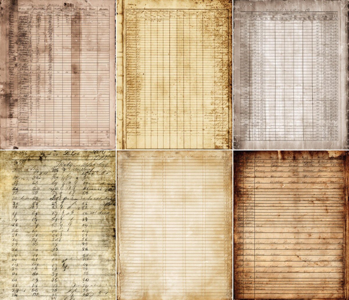 Pale pink, yellow and gray ruled register papers