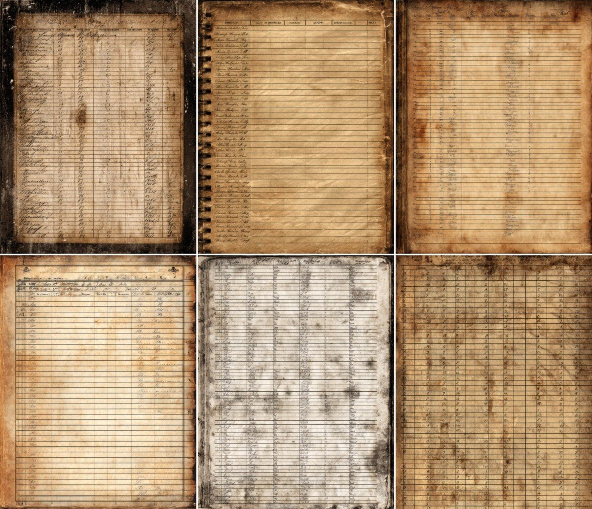 Dark-edged library ledger pages in warm brown and ochre