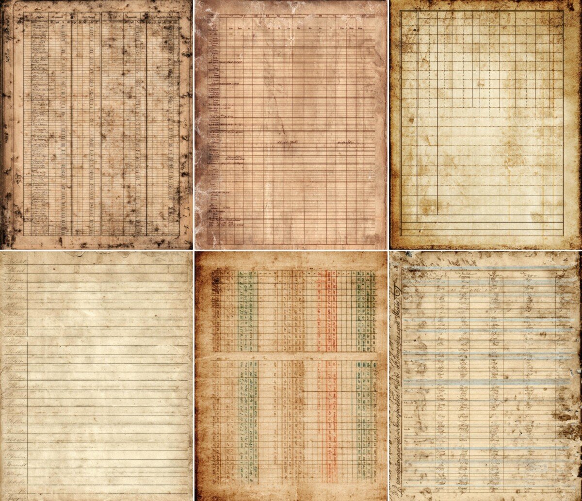 Library-inspired papers with stained grids and pale catalog-style columns