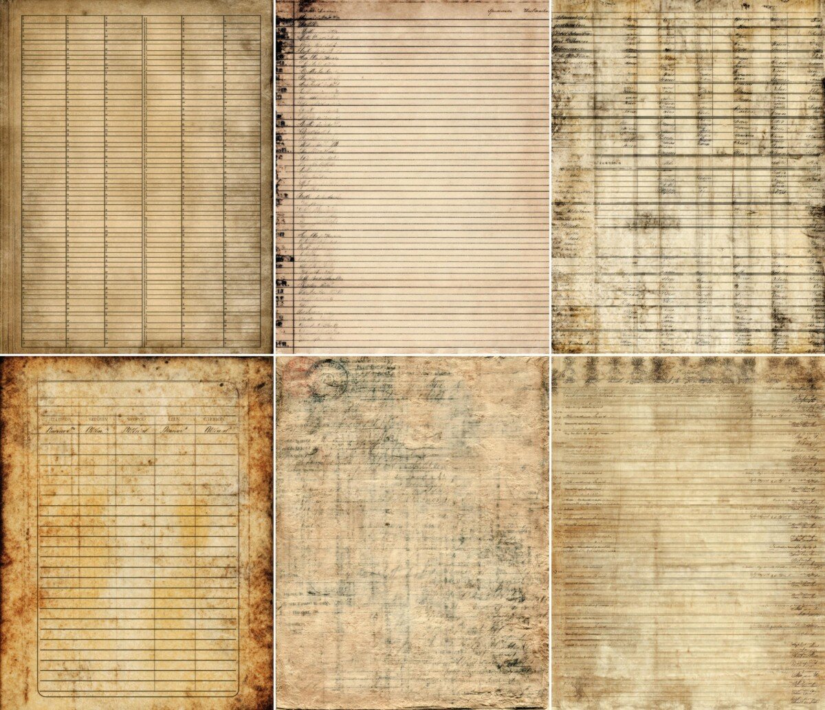 Ruled catalog-style papers with cream centers and dark worn edges