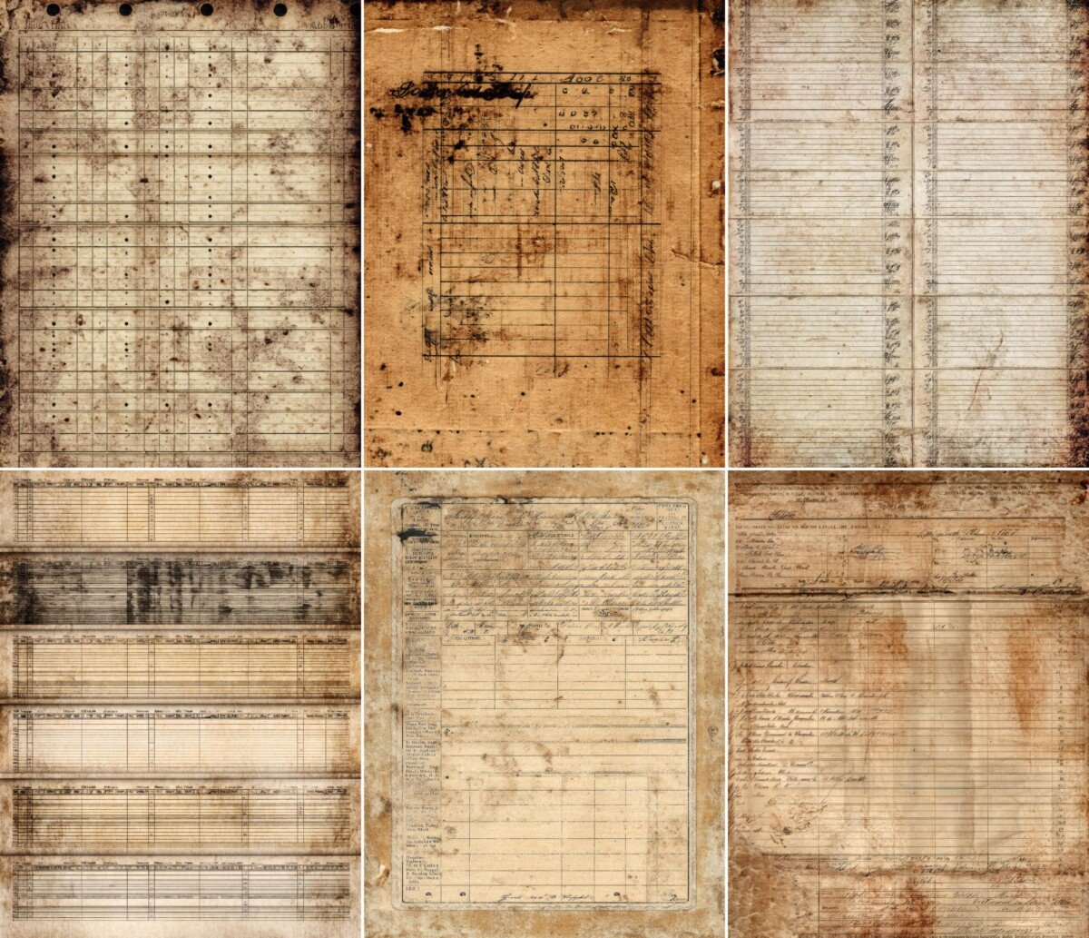 Distressed ledger pages in cream brown and gray archival tones